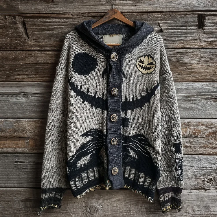 Halloween Spooky Face Contrast Stitching Cozy Knitted Hooded Sweater Cardigan