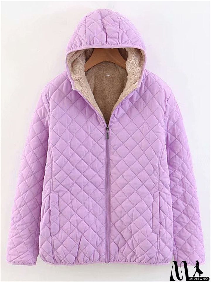 MidiSono - Women's Sports Style Solid Color Plush Liner Short Coat with Hood