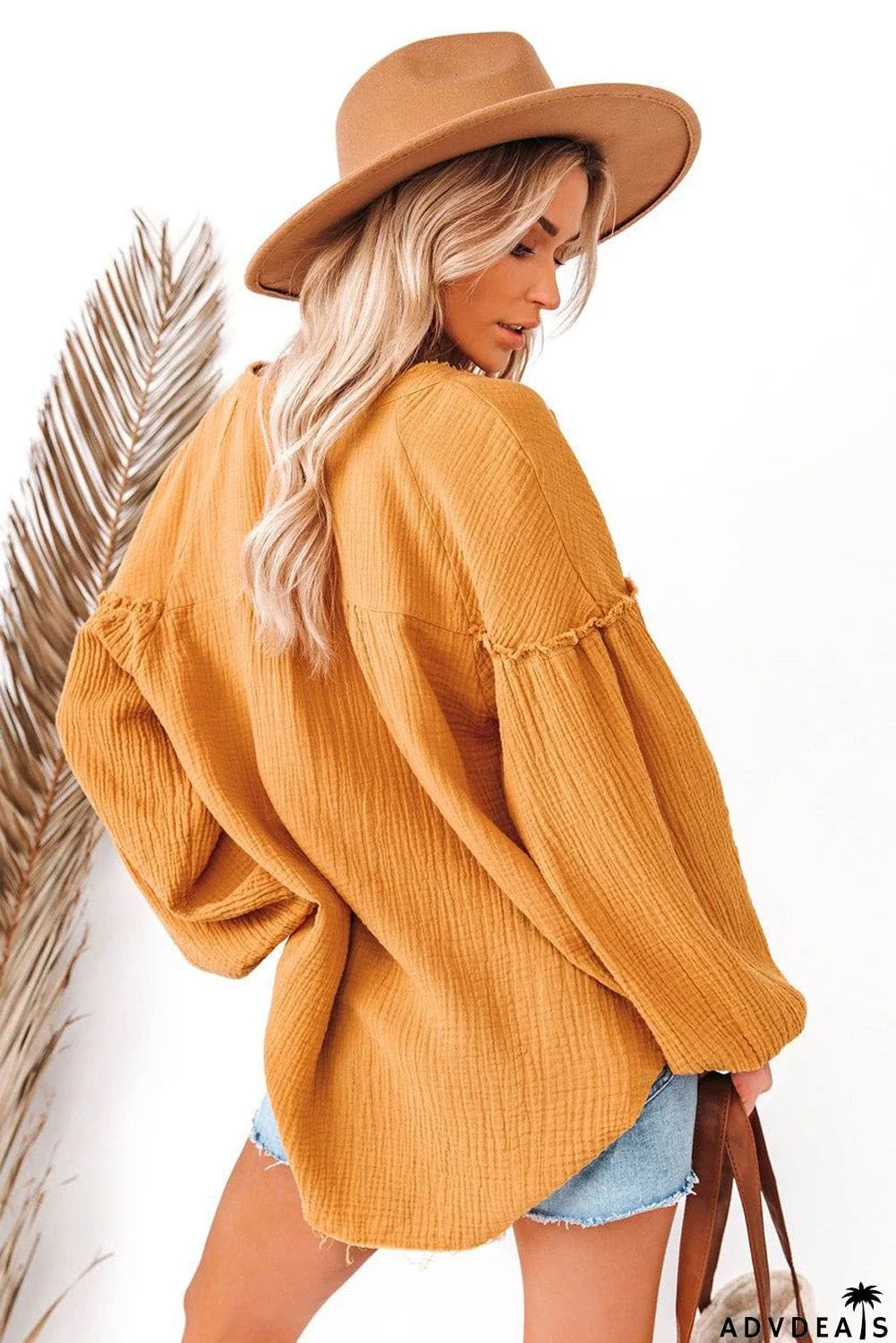 Casual Balloon Sleeve Crinkled Top