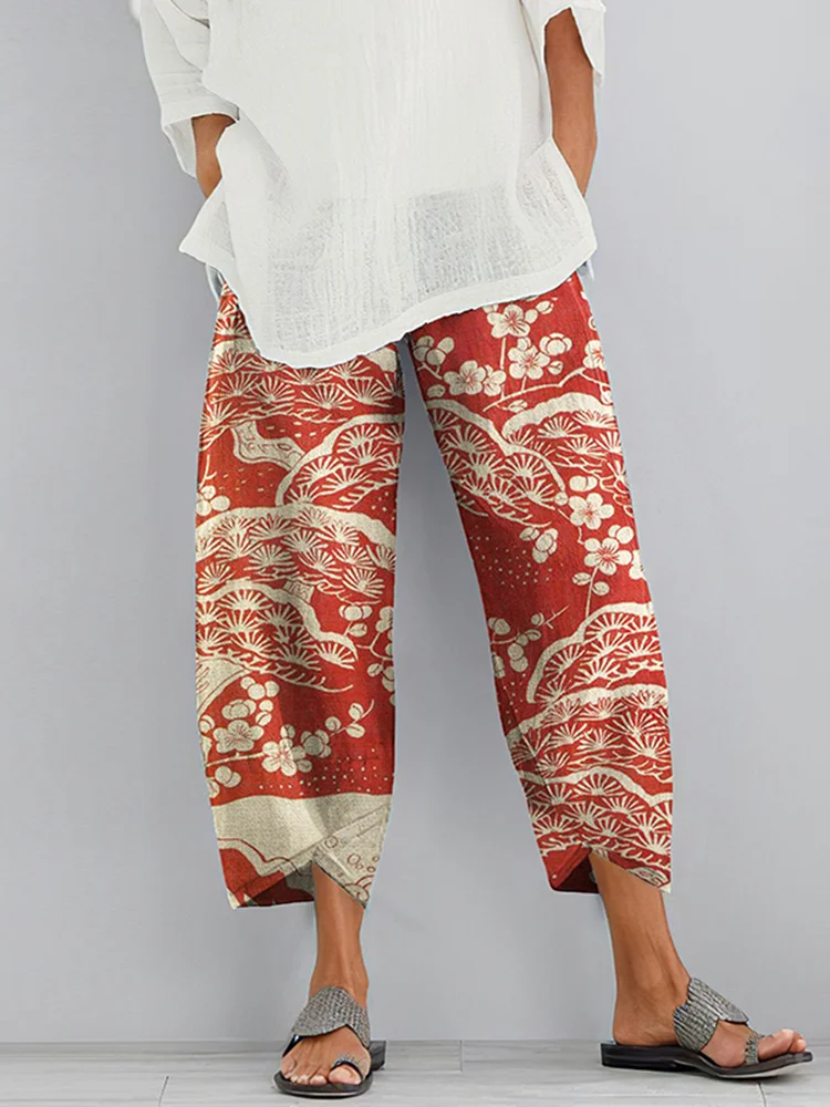 VChics Vintage Plum Blossom Printed Pocket Casual Pants