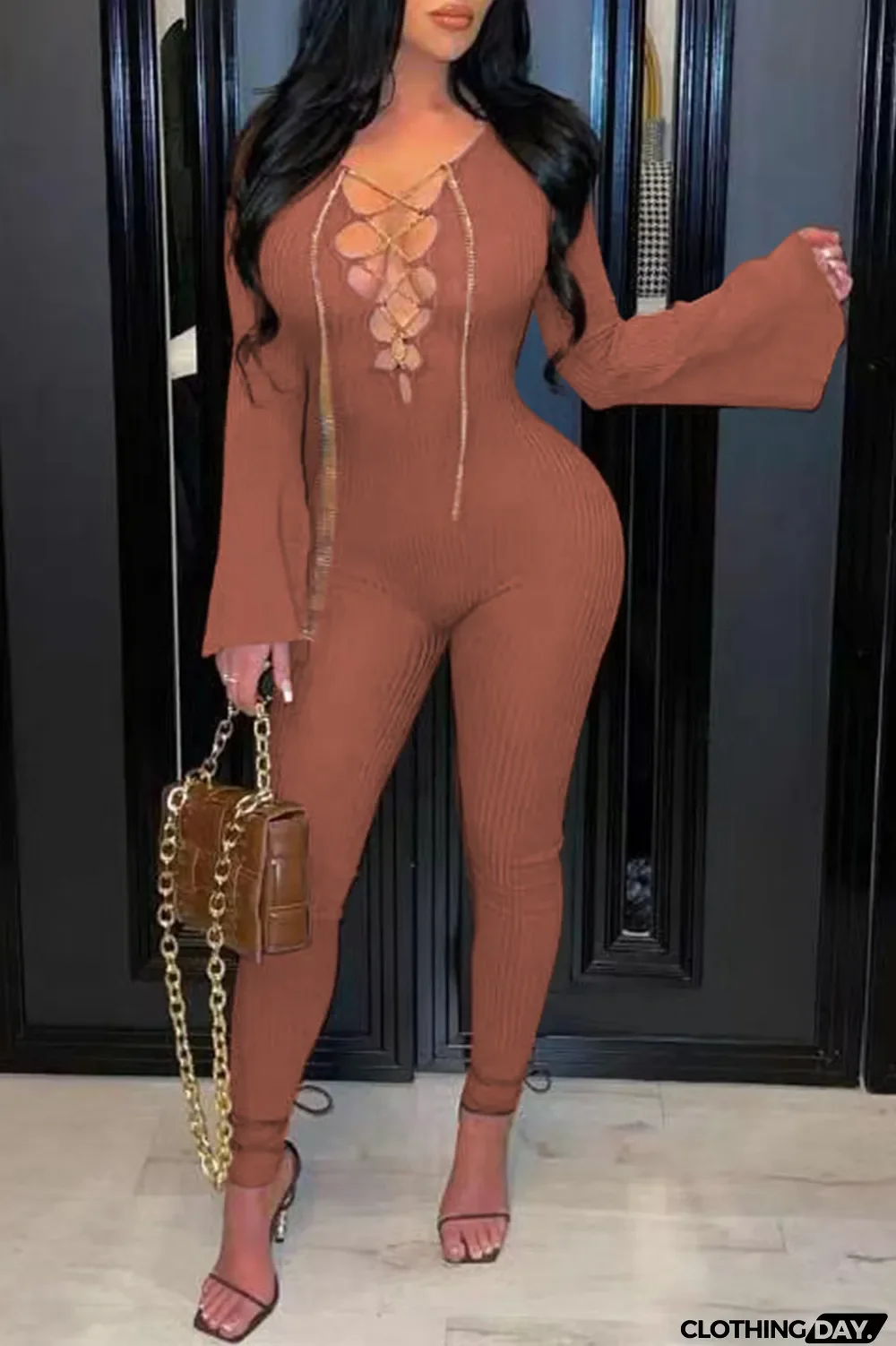 Burgundy Sexy Solid Hollowed Out V Neck Boot Cut Jumpsuits