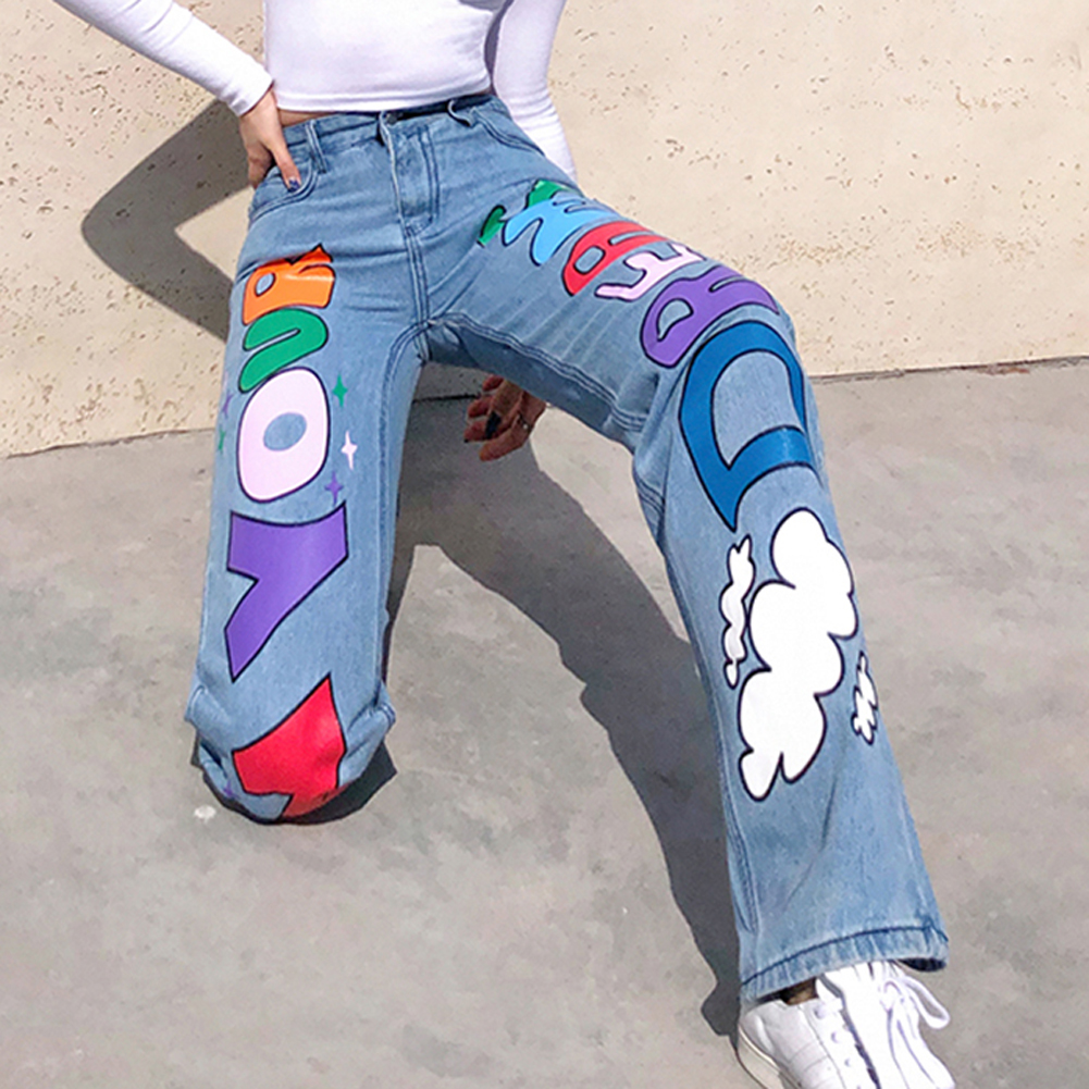 

Women Fashion Letter Graffit Print Jeans Straight Loose Long Pants Trousers, Blue, 501 Original