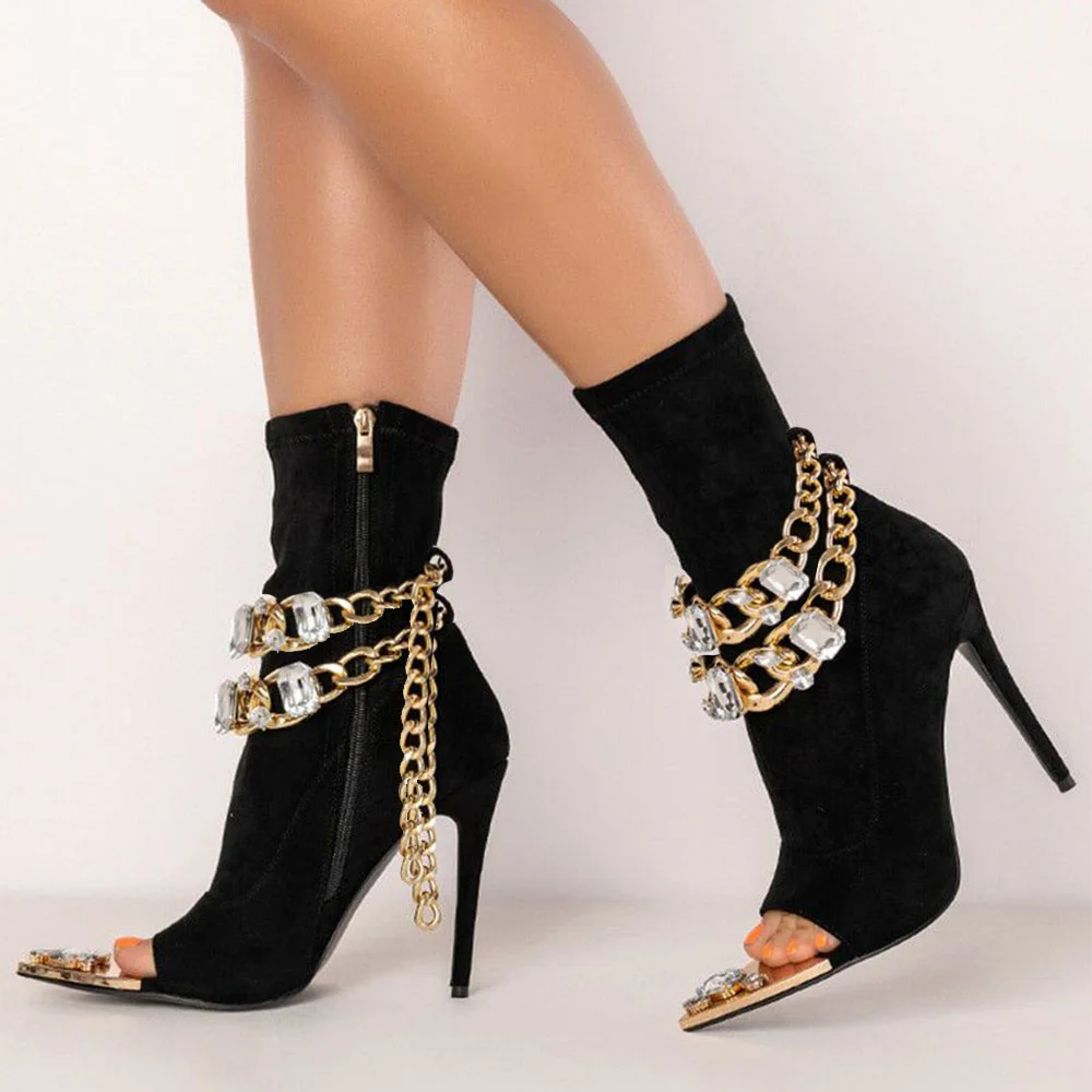 Black Pointed Toe Stiletto High Heel with Diamond Decorated Open Toe