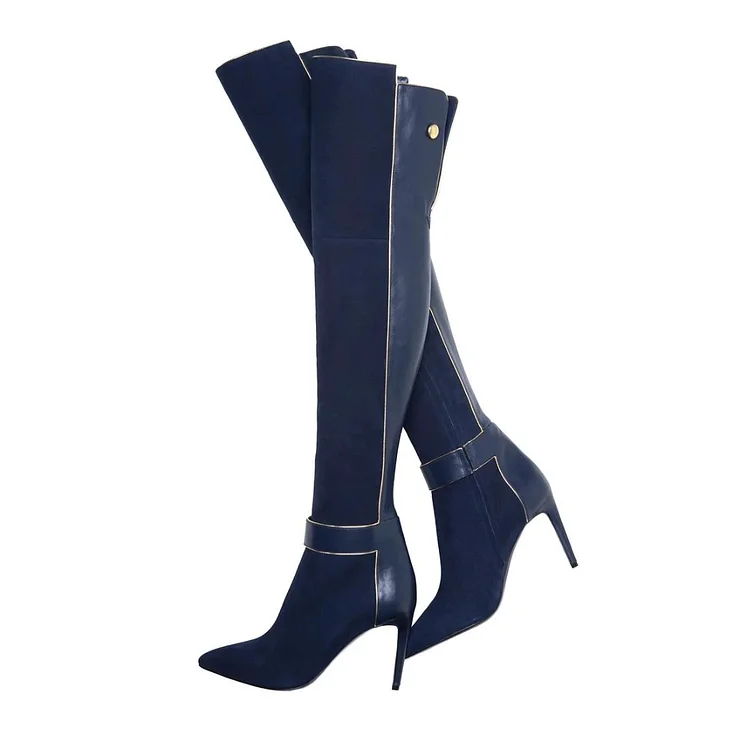 Navy Pointy Toe Patchwork Thigh High Boots with Stiletto Heels |FSJ Shoes