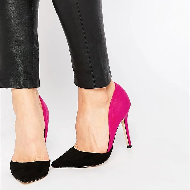 Magenta and Black Office Heels Pointy Toe Stiletto Heel Pumps |FSJ Shoes