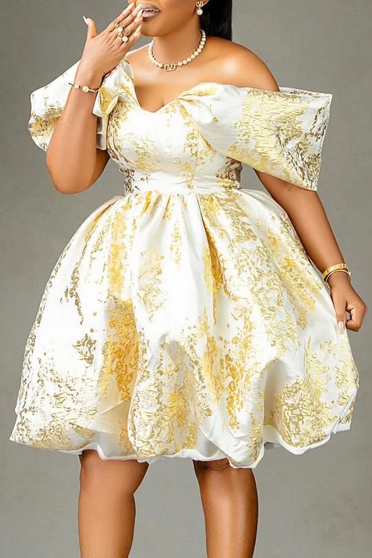 Plus Size Wedding Guest Gold Elegant Off The Shoulder Bubble Jacquard Midi Dresses [Pre-Order] 2024 - Xpluswear