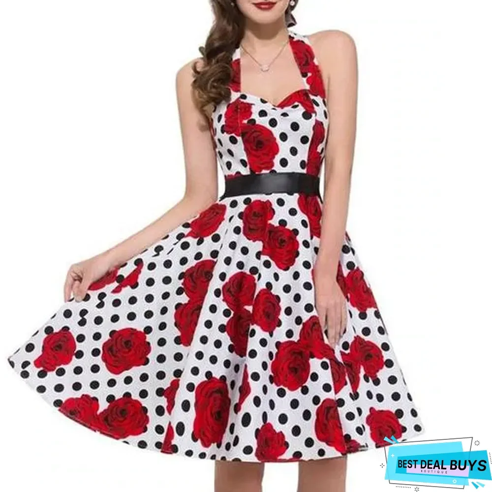 Sexy Halter Party Dress Retro Polka Dot Vintage Dresses Elegant Midi Dress