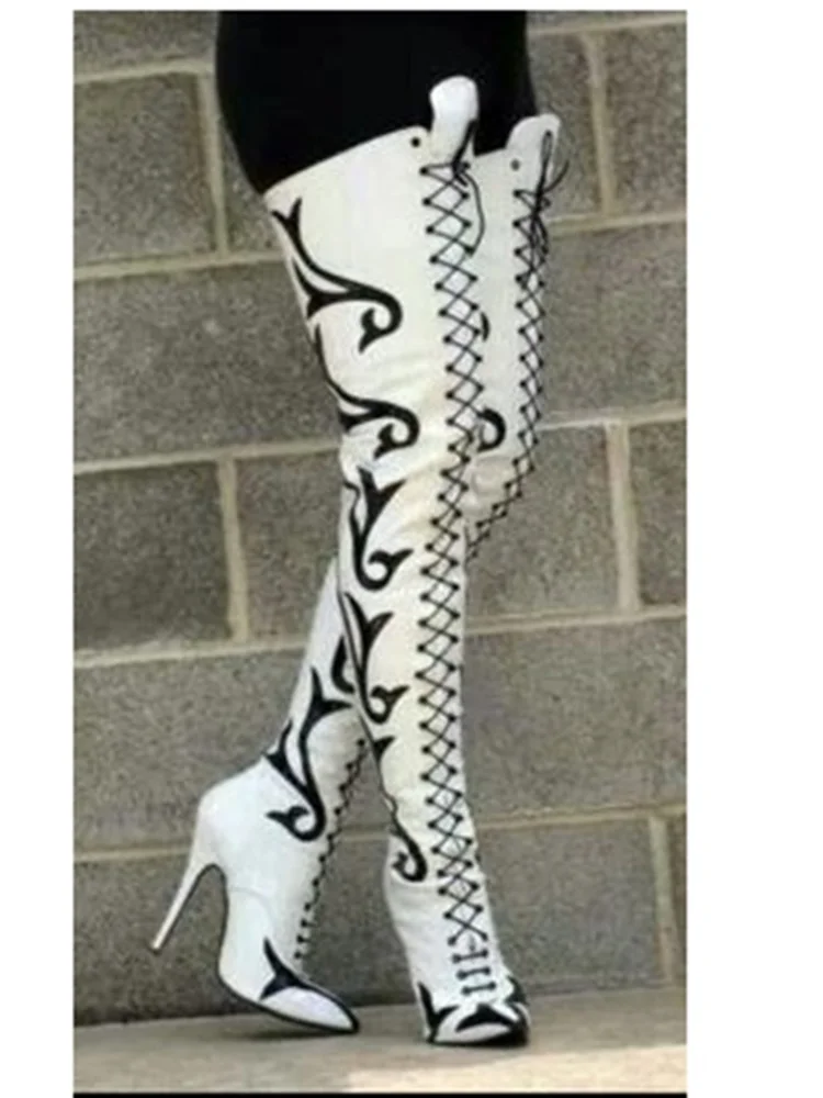 White/red retro patterned knee high boots, slim high-heeled pointed fashionable and sexy 2026 winter plus size women's shoes  highheelher