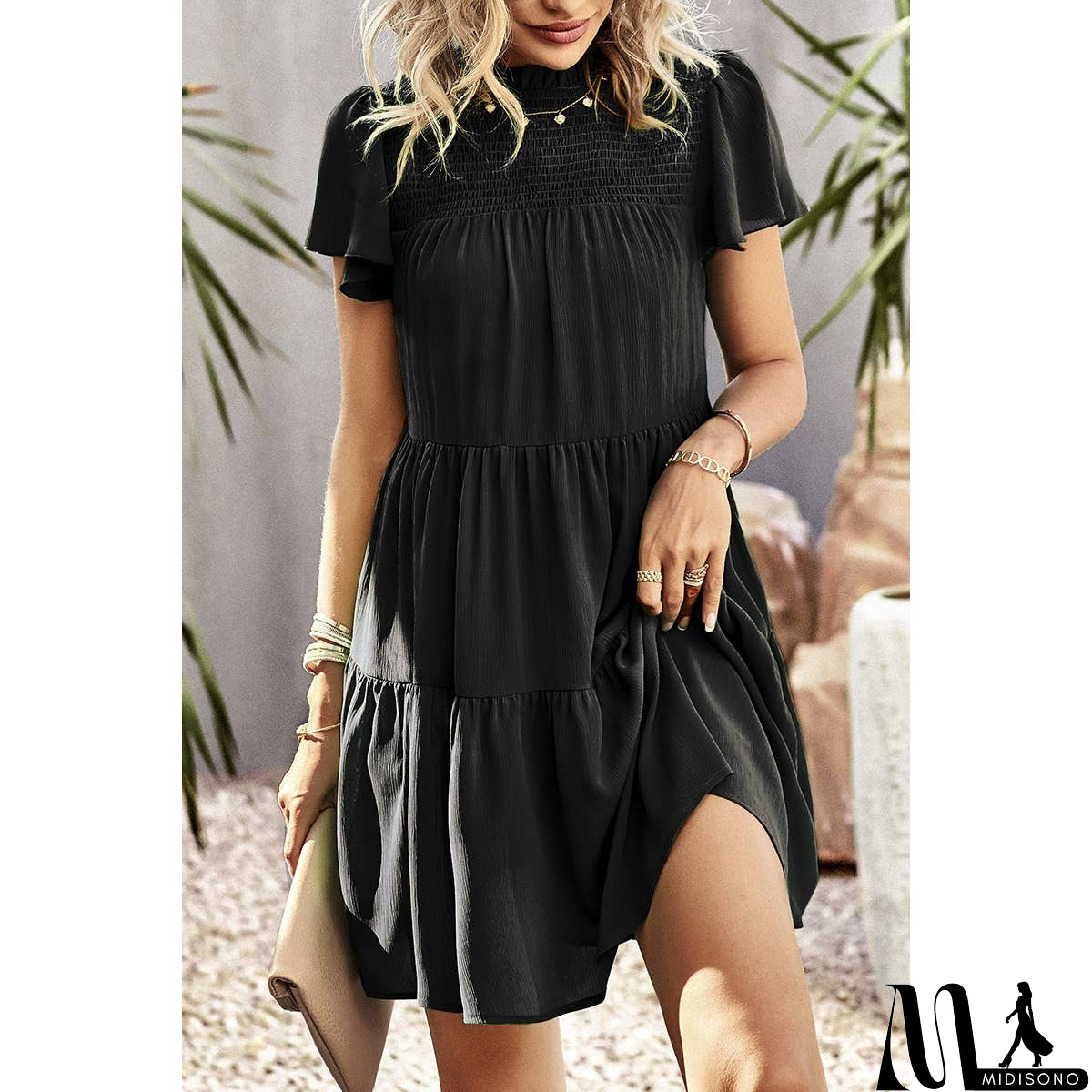 MidiSono - Loose Fit Solid Ruched Color Block Dress