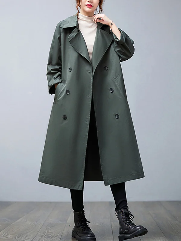 Loose Buttoned Notched Collar Trench Coat