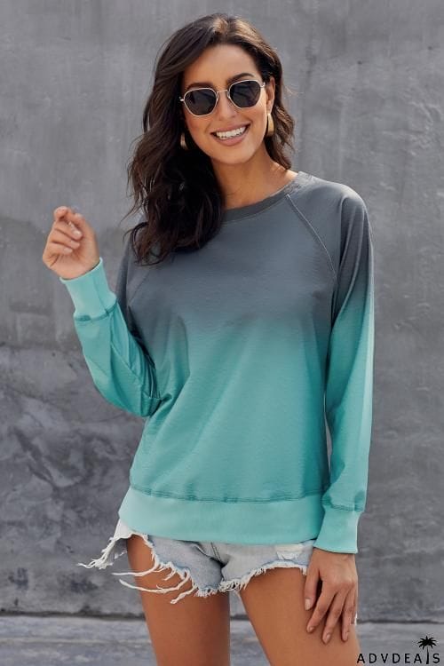 Blue Gray Ombre Crewneck Long Sleeve Sweatshirt