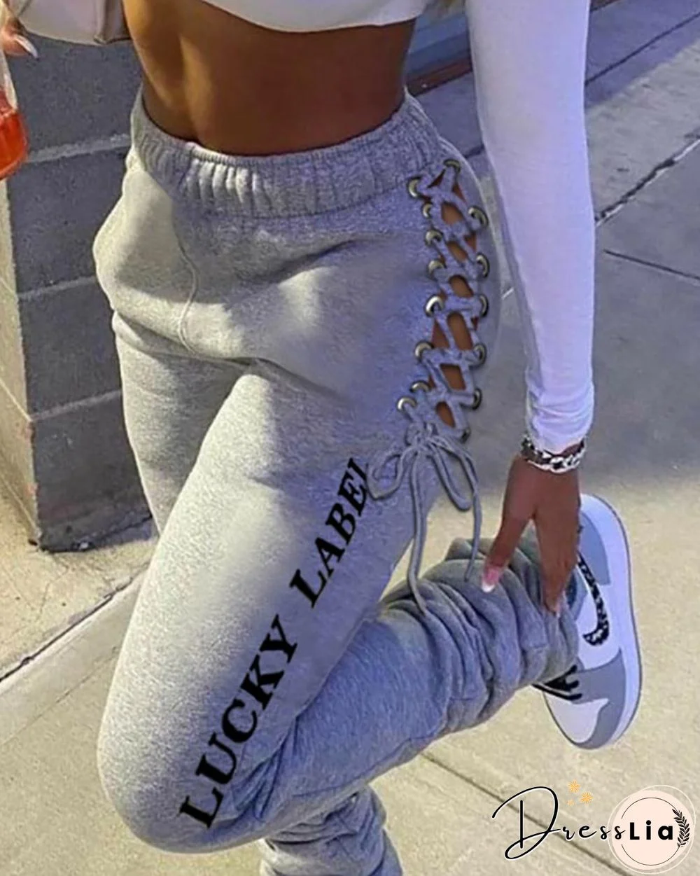 Letter Print Eyelet Lace-up Drawstring Fold Sweatpants