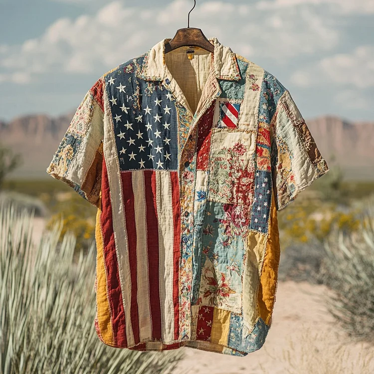 Men's Retro American Flag Floral Patchwork Pattern Art Short-sleeved Linen Shirt