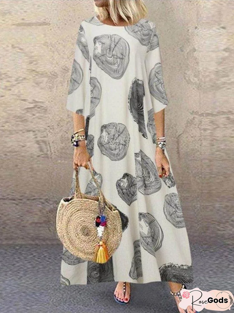 Vintage Cotton Print A-Line Round Neck Casual Maxi Dresses Black Dresses
