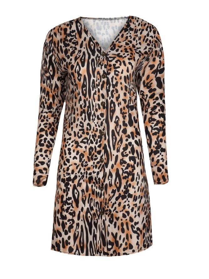 Leopard Buttoned Knitted Casual Quilted Cardigans