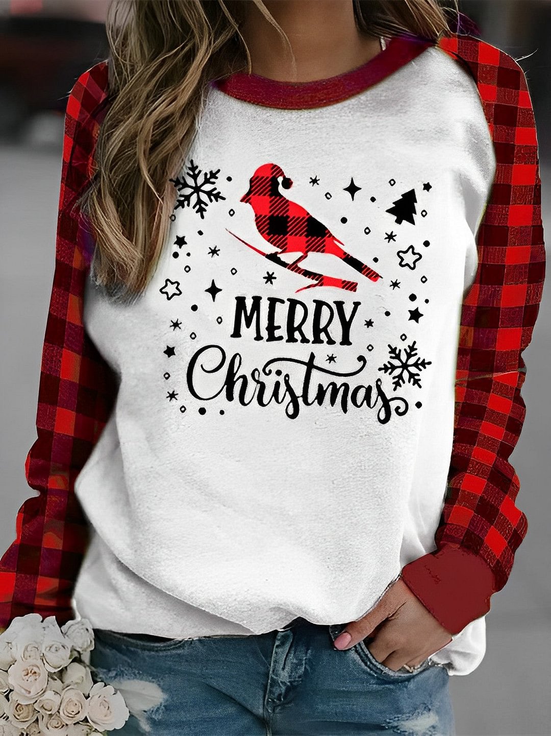 Merry Christmas Plaid Stitching Print Long Sleeve Shirt