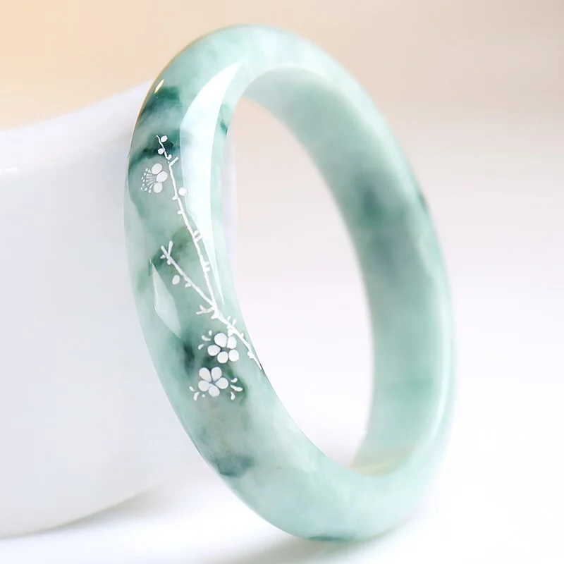 High Standard Exquisite Grade A Floating Flower Carved Jade Bracelet Bangle - Authentic Burmese Jade Bangle with Inner Diameter of 57mm & 58mm - Timeless Beauty and Serenity with Certificate