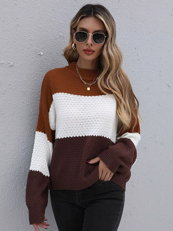 Simple Loose Contrast Color Striped Round-Neck Sweater