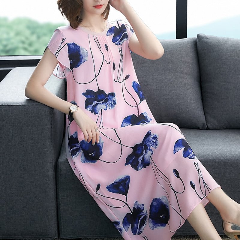 Women's Printed Chiffon Dress Mid-length Loose Slimming Spring Mulberry Silk Skirt