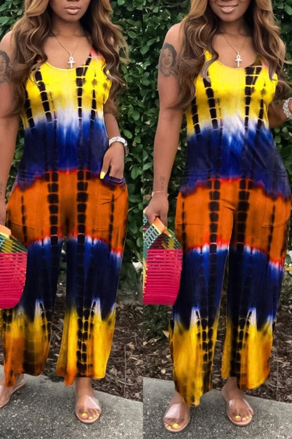 Tie Dye U Collar Pocket Wide Leg Rompers