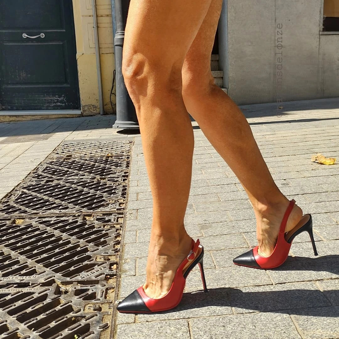 120mm/100mm Women's Sandals Black Stitching Pointed Toe Slingback Red Bottom Heels