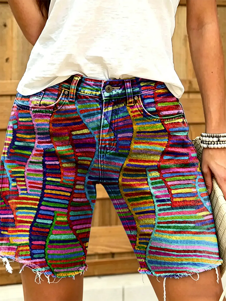 Women's Colorful Asymmetrical Striped Artistic Print Denim Shorts
