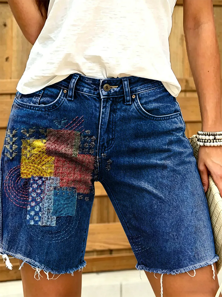 Women's Colorful Geometric Print Denim Shorts