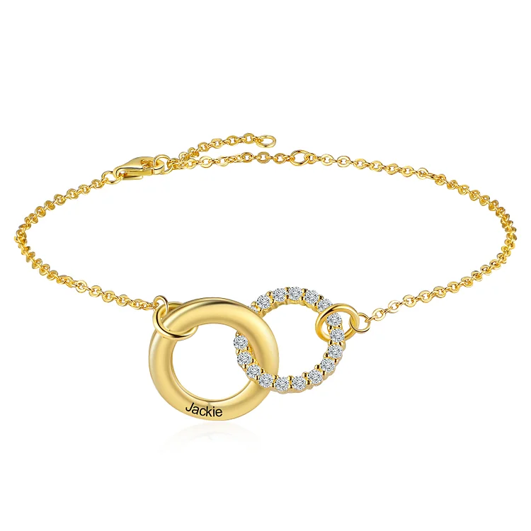 Interlocking Circles Bracelet in Gold with Diamond Custom Name for Her
