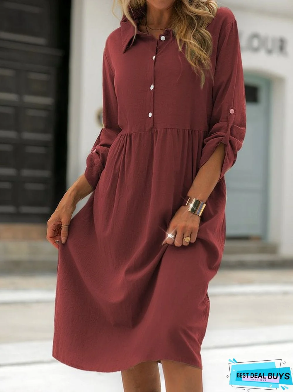 Shirt Collar Shift Long Sleeve Cotton-Blend Dresses Linen