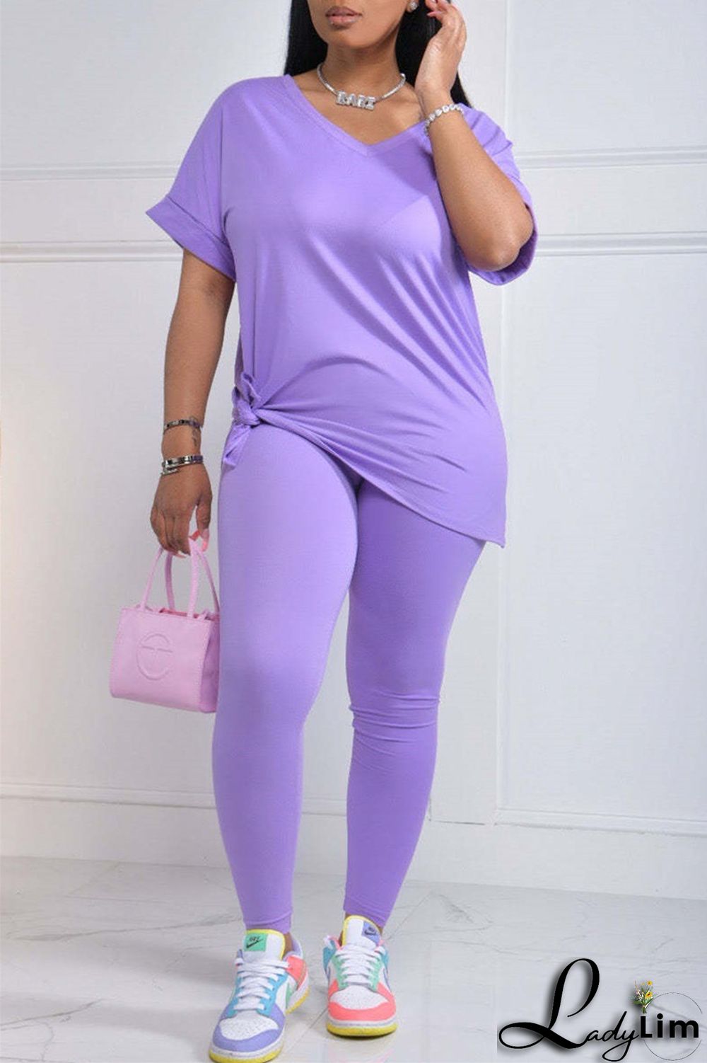 Milky Fashion Casual Solid Slit V Neck Short Sleeve Two Pieces