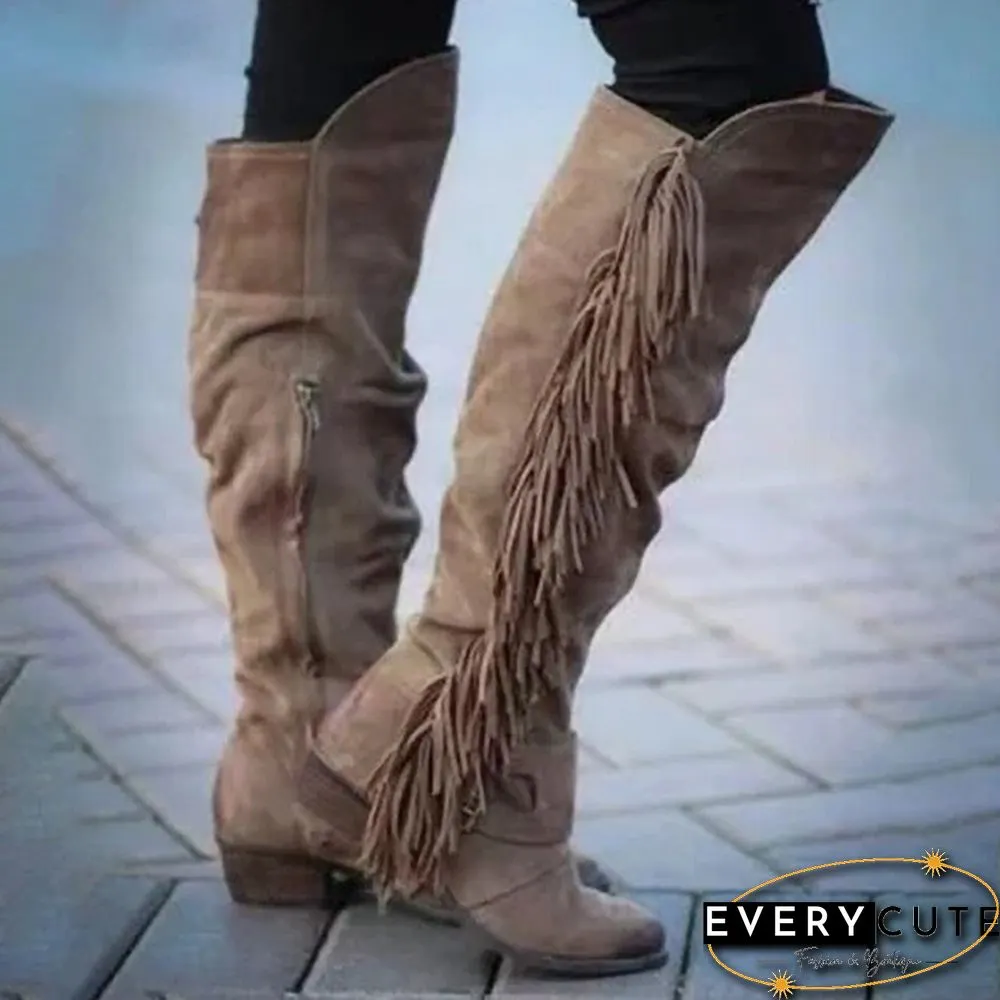 Suede Long Boots Women Over Knee Vintage Botas Chunky Heel Side-zipper Round Toe Tassel