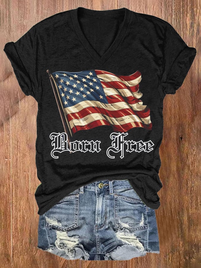Women's Independence Day Born Free Series Printed V-Neck Short Sleeve T-Shirt