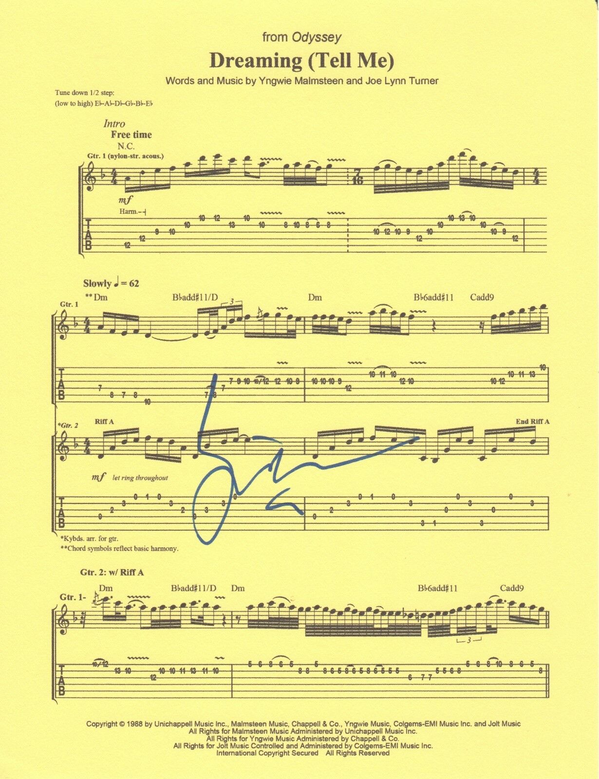 Yngwie Malmsteen guitarist REAL hand SIGNED Dreaming (Tell Me) sheet music COA