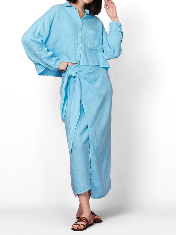 Long Sleeve Shirt Twist Knot Skirt Two Piece Set