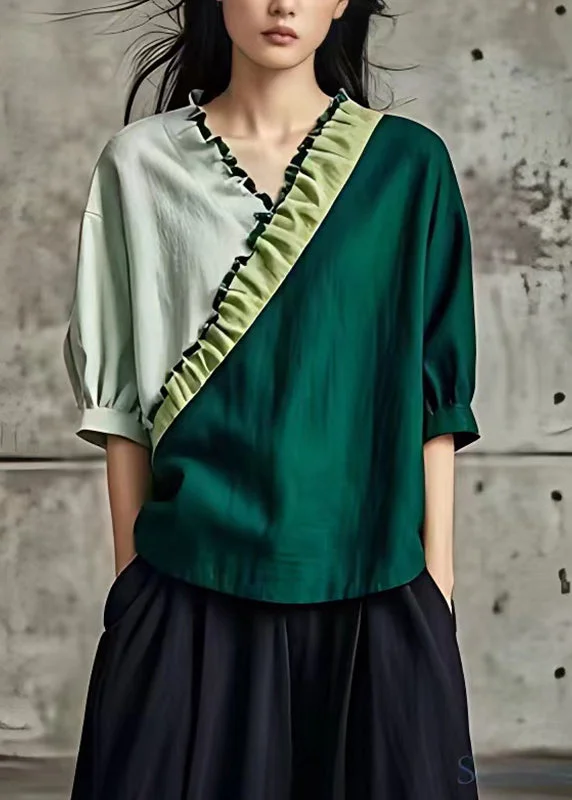 Pre sale - shipping in 30 days/Chic Blackish Green V Neck Patchwork T Shirt Summer