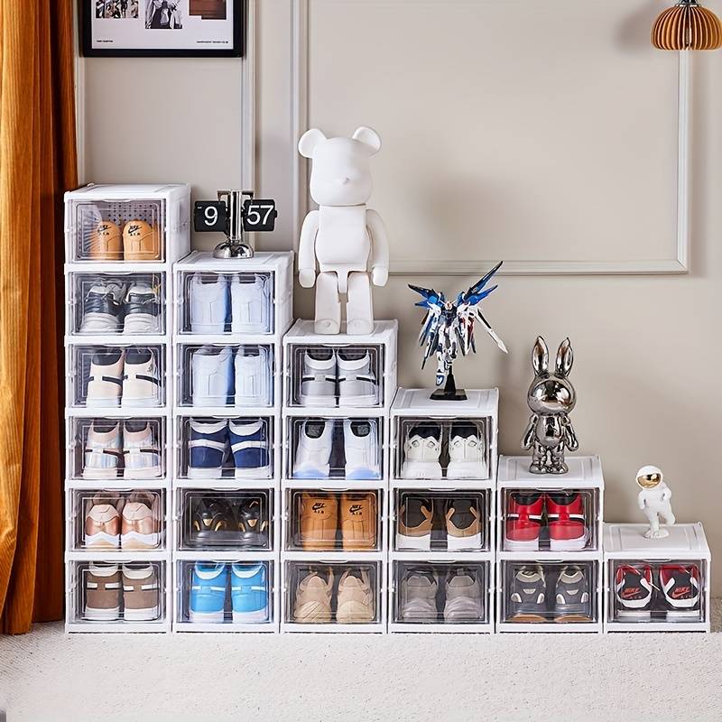 1pc 6-tier Boîtes À Chaussures Transparentes Avec Porte, Étagère À Chaussures Pliables Empilables Et Combinables Gratuitement, Conteneur De Baskets En Plastique, Organisateur De Rangement Gain De Place Pour Lentrée, La Chambre, La Maison, Le Dortoir détails 0