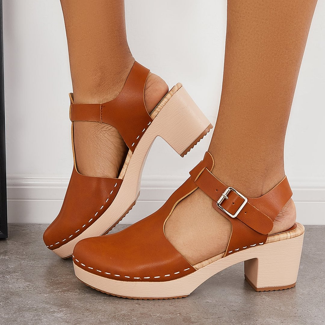 Susiecloths Brown Chunky Platform Heel Clogs Ankle Strap Sandals