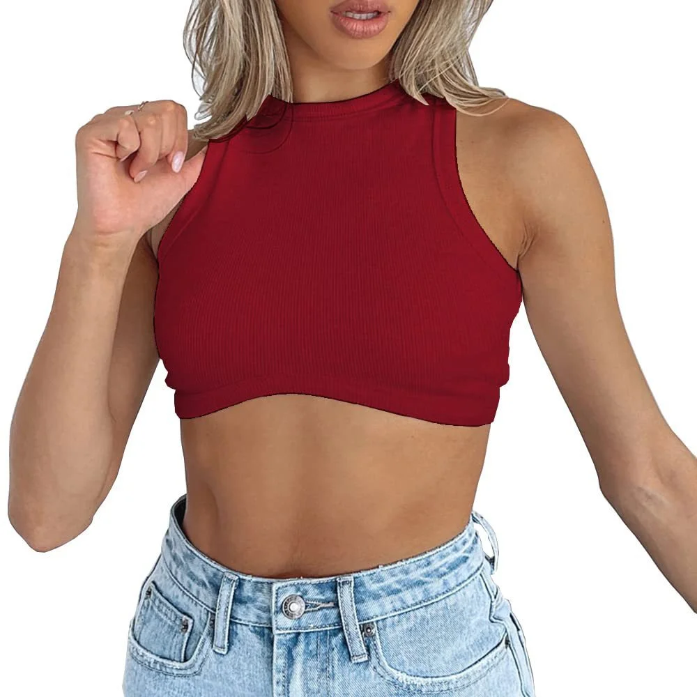 Uveng Uveng Women's New Women's Sexy Sleeveless Round Neck Rib Knit Vest Crop Top