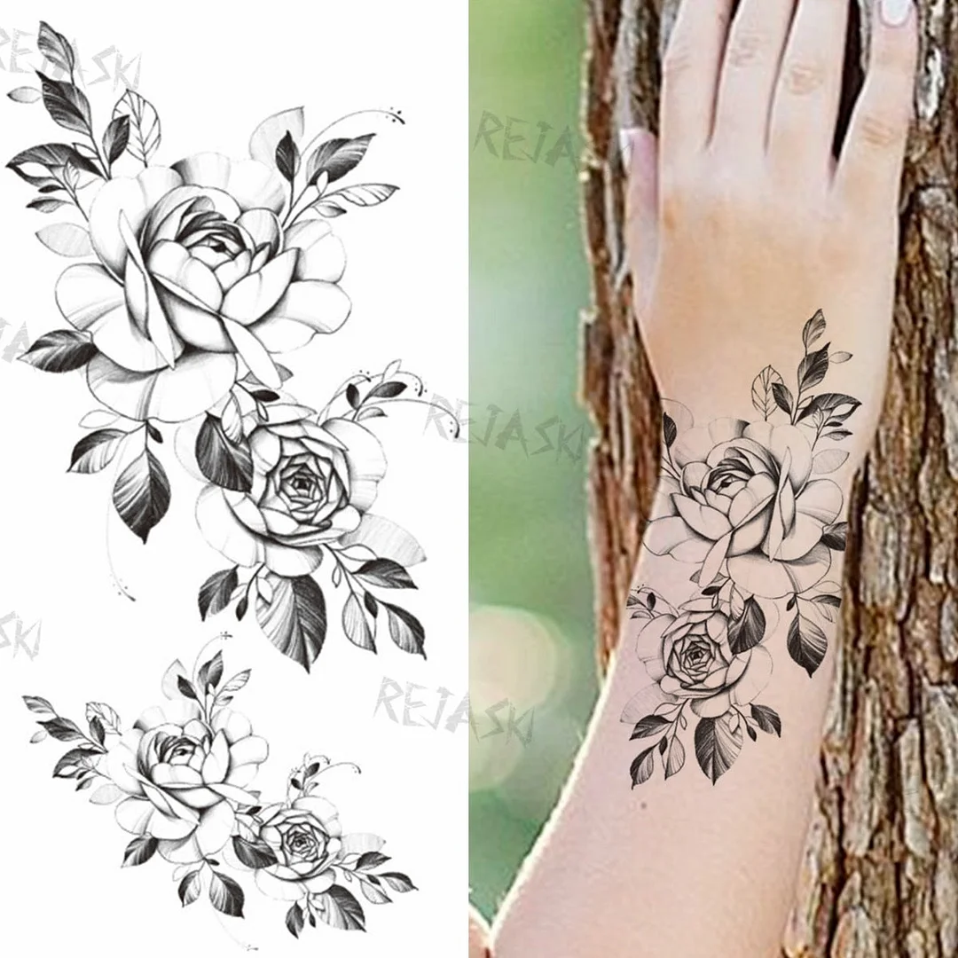 Sexy Snake Flower Fake Temporary Tattoo For Women Black Sunflower Tattoos Bloosom Big Daisy Camellia Water Transfer Tatoos Legs