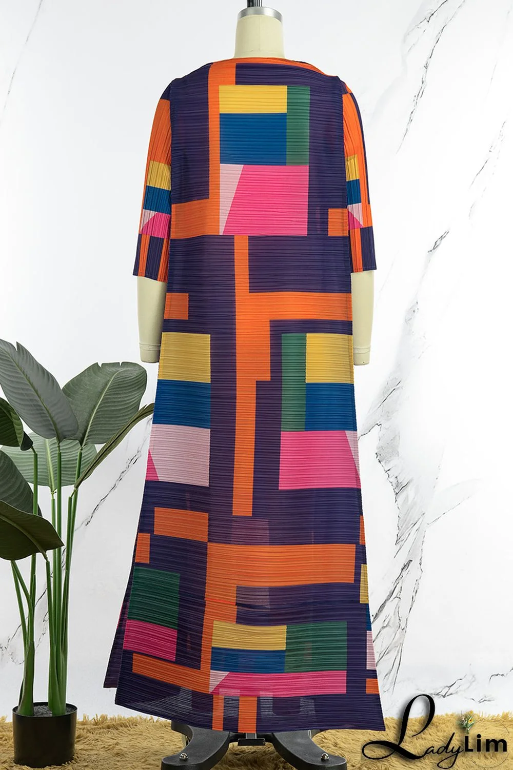 Light Coffee Street Geometric Print Patchwork O Neck Long Dress Dresses