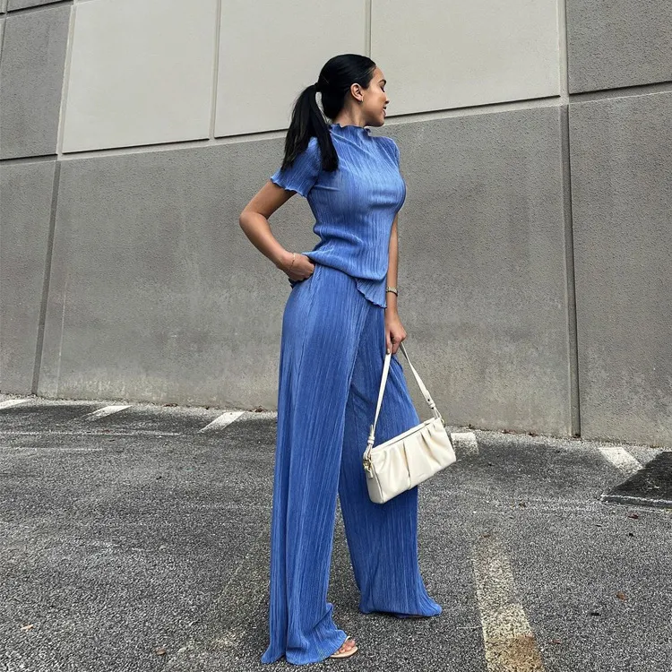Churchf Churchf 2023 Summer New Thin T-Shirt High Waist Blue Pleated Floor Pants Casual Women's Fashion Suit
