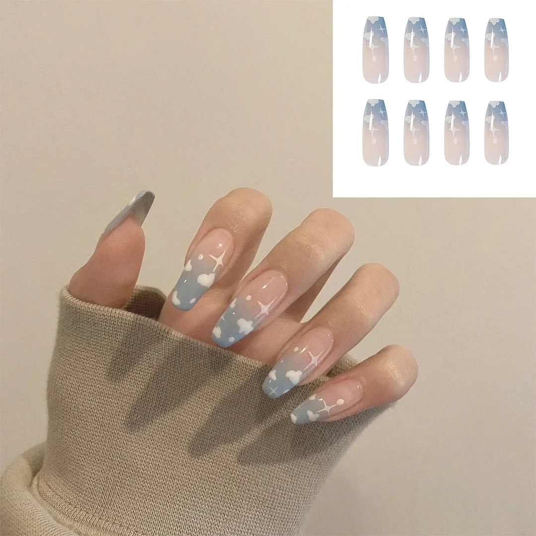 24pcs Blue Clouds Wear Long Paragraph Fashion Manicure Patch False Nails Save Time Wearable Nail Patch Full Cover Manicure Tool-Nail Inspo