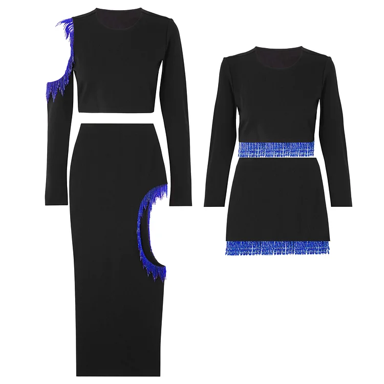 Kid And Mom Off-the-shoulder Fringed Top & Skirt Suit Flaxmaker