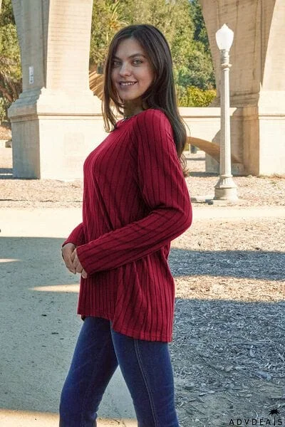 Basic Bae Full Size Ribbed Round Neck Long Sleeve Knit Top