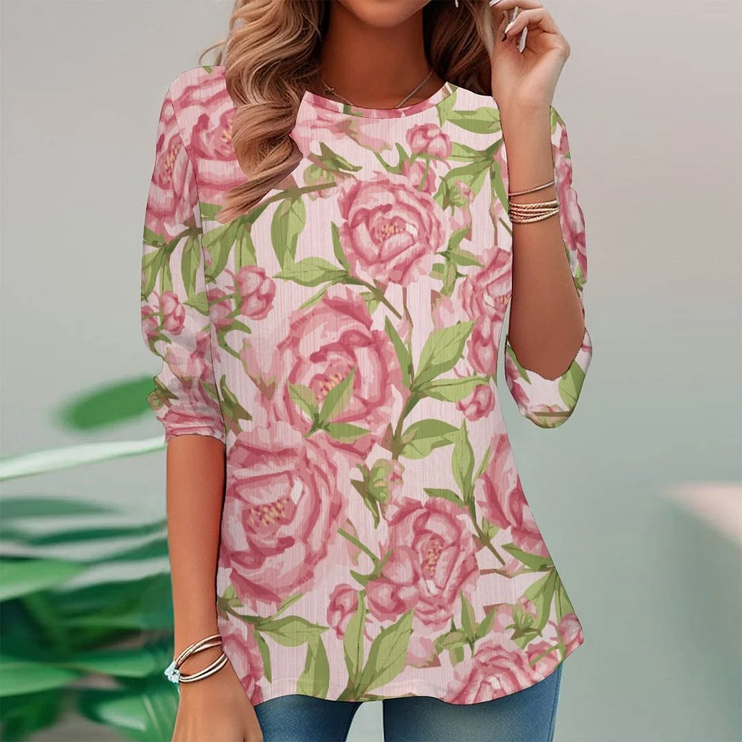Women plus size clothing Full Printed Long Sleeve Plus Size Tunic for  Women Pattern Floral,Pink,Green-Nordswear