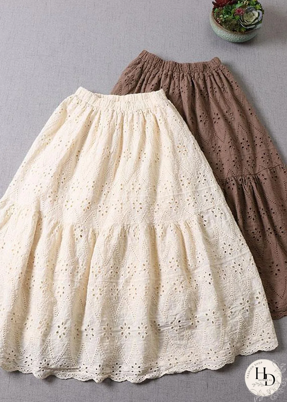 Organic Apricot Hollow Out Embroideried Fall Patchwork Skirts