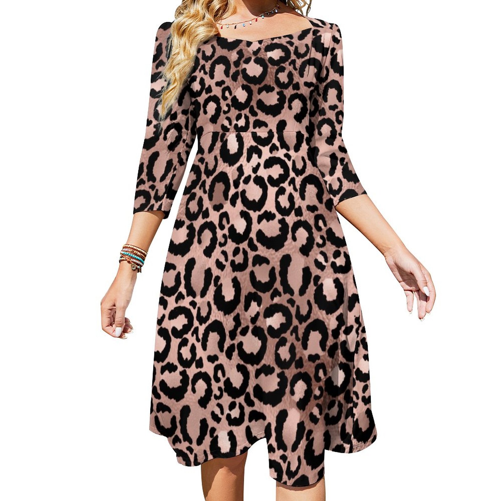 Trendy Rose Gold Leopard Spots Animal Print Dress Sweetheart Tie Back Flared 3/4 Sleeve Midi Dresses