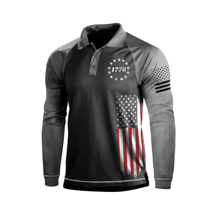 1776 USA FLAG GRAPHIC RAGLAN LONG SLEEVE POLO SHIRT