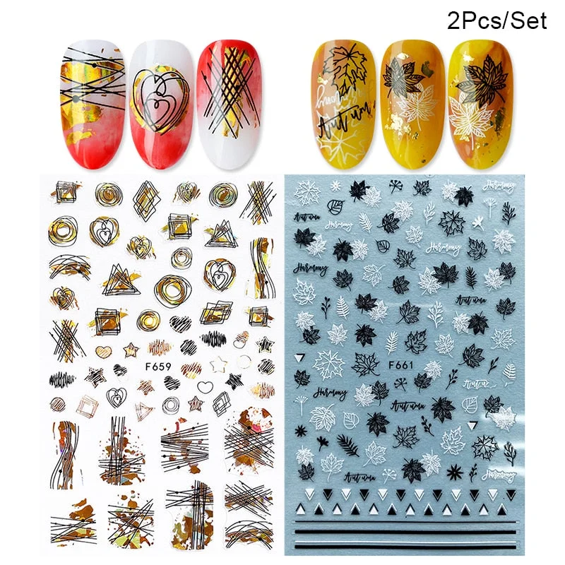 1 Sheet iridescent Nail Sticker Black leave 3D Transfer Beautiful Nail Decals Decoration Summer Popupar DIY Nail Design