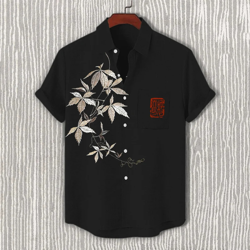 Men's Embroidered Leaves Art Print Short Sleeve Shirt  artssus